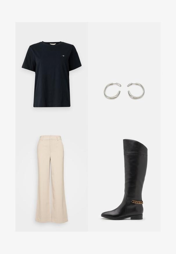 Musta puuvillainen t-paita lyhyillä hihoilla, pyöreällä kaula-aukolla ja pieni logo-yksityiskohta brodeerattuna vasempaan rintaan. Klassinen, rento istuvuus.; Beige levelek pantsa, jotka ovat sileätekstuuriset ja joissa on korkea vyötärö sekä kaksi etutaskua. Siisti muotoilu ja istuva malli.; Pitkiä mustista nahkasaappaista, joissa on tyylikäs muotoilu, terävä kärki ja kultaketjuakseli nilkassa. Matala lohko korko. Sujuva pinta.; Hopehope hopeat hopeat hopealimokohvimeyfionekiväyheyväyhyvä tahilapolkeen kivi pevohuo huopehikabohhoippuh vohopohivhivimehillani healykiken. Hohihiykyhka.