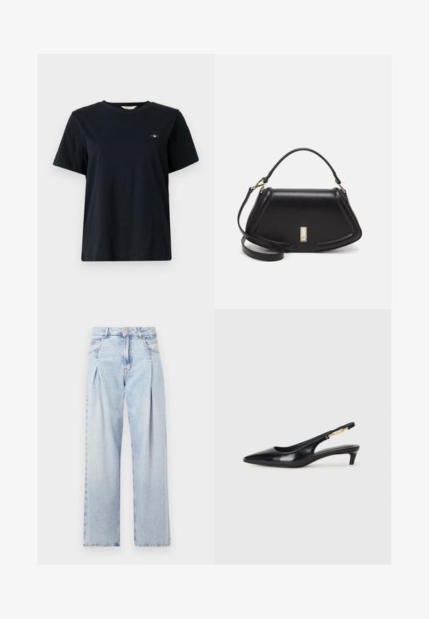 Čierne bavlnené tričko s krátkymi rukávmi, okrúhlym výstrihom a malým logom vyšitým na ľavej hrudi. Klasický, voľný strih.; Svetlomodré džínsy s vysokým pásom, širším strihom po celej dĺžke, dvoma bočnými vreckami a skladaným dizajnom. Mäkka textúra s vyblednutým vzhľadom.; Čierne kožené slingback opätky s špicatou špičkou, s úzkym opätkom a zlatým detailom na nastaviteľnom remienku. Hladká textúra.; Čierna kožená kabelka so štruktúrovaným dizajnom, s krátkym tvarom, hornou rúčkou a zlatými prvkami. Súčasťou je nastaviteľný ramenný popruh.