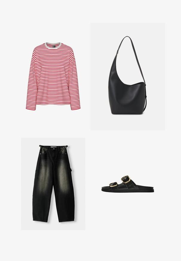 Červené a biele pruhované tričko s dlhým rukávom, s okrúhlym výstrihom a voľným strihom. Mäkká látka s rovnomerným pruhovaním.; Voľné čierne deninové nohavice s vyblednutou textúrou, piatimi vreckami a poutkom na páse. Dizajn sa vyznačuje voľným strihom a rovnými nohavicami.; Čierne šľapky s dvoma zlatými prackami, hladký textúrovaný materiál, plochá podrážka a minimalistický dizajn.; Čierna kožená hobo taška so hladkou textúrou, zakriveným tvarom a jedným nastaviteľným popruhom; má široké otvorenie na vrchu.