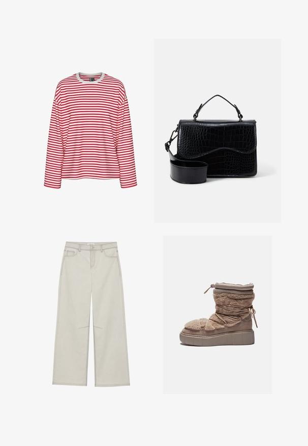 Camisa de manga longa às riscas vermelhas e brancas, com decote redondo e um corte descontraído. Tecido suave com padrão de riscas uniforme.; Calças largas de um cinza claro com cinco bolsos, fecho frontal com botão e costuras em contraste ao longo das emendas. O tecido parece suave e durável.; Botim curto felpudo em bege com sola de plataforma robusta, parte superior franzida e atacadores elásticos. Apresenta um fecho zip e uma textura de tecido suave.; Saco transversal em pele sintética preta com um padrão texturizado de crocodilo, uma alça superior e uma correia ajustável. Característica: fecho em aba curva.