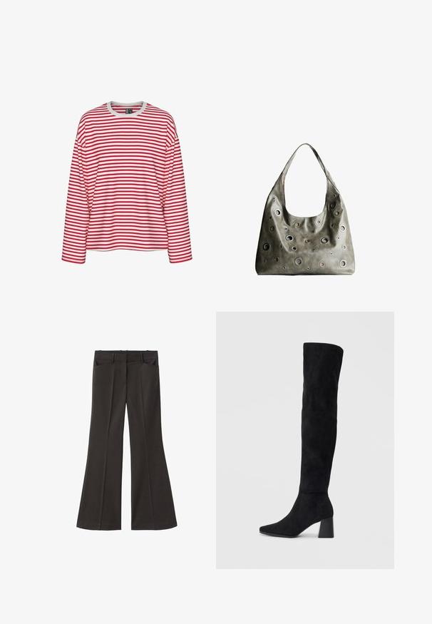 Röd och vit randig långärmad skjorta med rundad halsringning och avslappnad passform. Mjuk tyg med jämnt randmönster.; Svarta utsvängda byxor med hög midja; har två framfickor och en mjuk tygtextur. Lämpliga för olika tillfällen.; Svarta mocka knähöga stövlar med klack, spetsig tå och slät, sömlös design mot en ljus, enfärgad bakgrund.; Olivgrön läderhandväska med en avslappnad design, som har cirkulära utskärningar i olika storlekar och accenter i mörkare och ljusare nyanser.