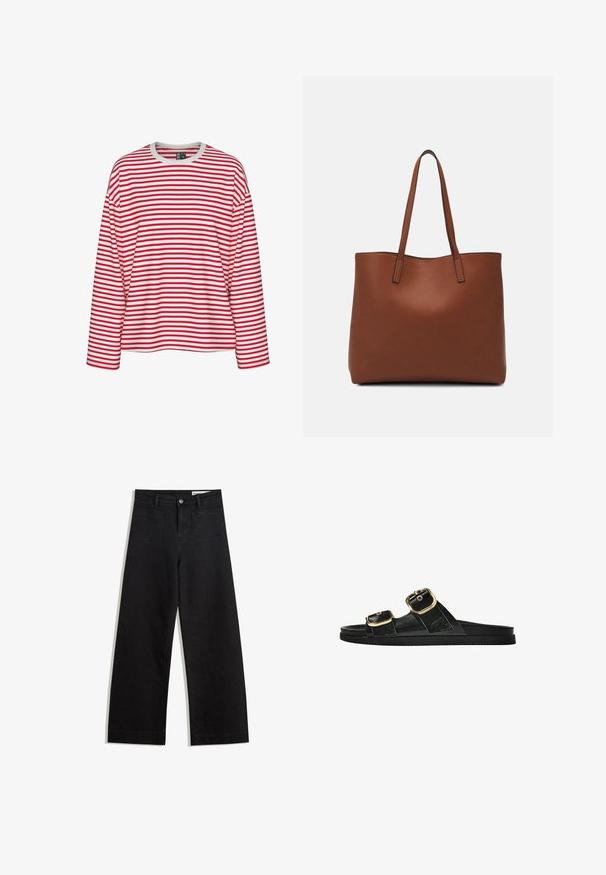 Maglietta a maniche lunghe a righe rosse e bianche, con scollatura rotonda e vestibilità rilassata. Tessuto morbido con un pattern a righe uniforme.; Pantaloni in denim neri a gamba larga con vita alta, dotati di tasche anteriori e posteriori, cuciture a punto, e chiusura con bottone. Texture liscia.; Infradito neri con due accenti di fibbia dorata, materiale dalla texture liscia, suola piatta e design minimalista.; Borsa tote in pelle marrone con texture liscia, design con apertura superiore e due spallacci. Presenta cuciture minime e nessun hardware visibile.