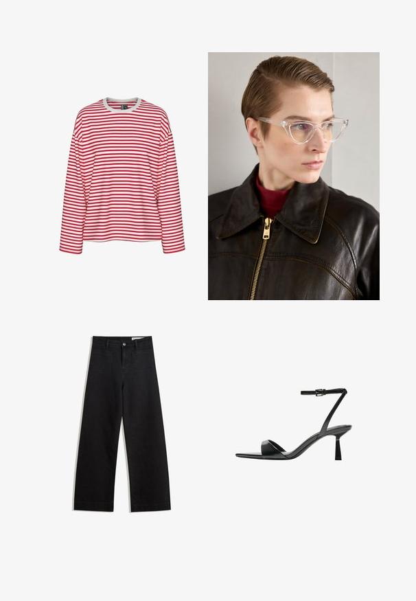 Cămașă cu dungi roșii și albe, cu mâneci lungi, guler rotund și o croială lejeră. Material moale cu un model uniform de dungi.; Pantaloni din denim negri cu picioare largi, cu talie înaltă, având buzunare frontale și posterioare, cusături dublate și închidere cu nasture. Textură netedă.; Bershka Sandale cu toc - black; Ochelari cat-eye din acetat transparent, cu lentile galbene, purtați de o persoană într-o jachetă din piele neagră și un pulover roșu. Textură netedă.; Bershka WITH CHAIN - Geantă de mână - black