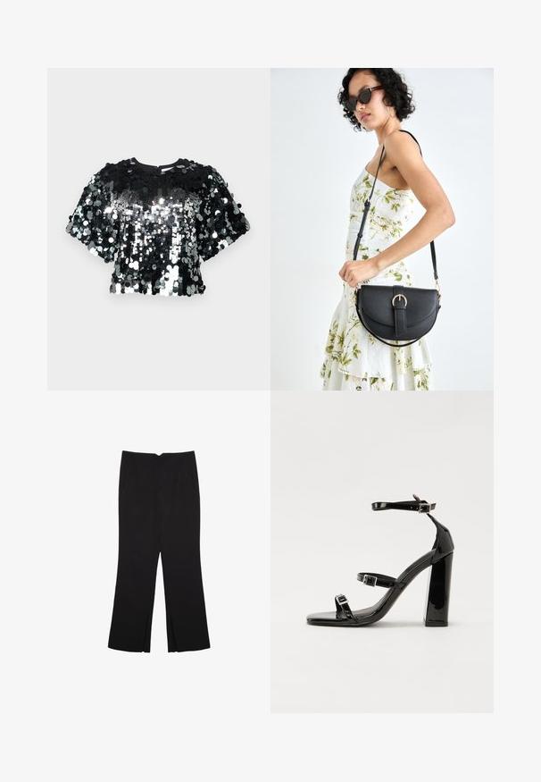 Schwarzes Cropped Top, das mit glänzenden, reflektierenden Pailletten bedeckt ist. Es hat kurze Ärmel und einen runden Ausschnitt mit einem Verschluss hinten. Strukturierte Oberfläche.; Schwarze Hose mit geradem Schnitt, ausgestattet mit Fronttaschen und Seitenschlitzen am Saum. Hergestellt aus weichem, glattem Stoff. Geeignet für verschiedene Anlässe.; Schwarze patentierte Sandalen mit Absatz, quadratischer Spitze, Knöchelriemen und silbernen Schnallen. Mit einem stabilen Blockabsatz für mehr Stabilität.; Schwarze Lederhandtasche mit geschwungener Form, abnehmbarem Tragegurt und goldenen Beschlägen. Die Tasche verfügt über einen Deckel mit einer Schnallen-Details.