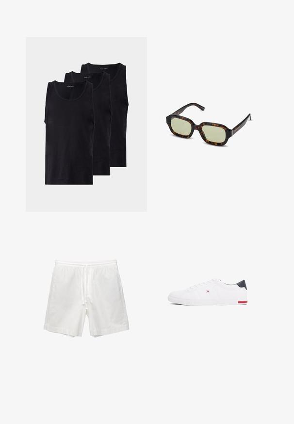 Zwarte katoenen tanktops in een pakket van drie, met een ronde halslijn en mouwloos ontwerp, een gladde textuur en een klassieke pasvorm.; Witte katoenen shorts met een elastische tailleband met trekkoord, zijzakken en een rechte snit met afgewerkte zomen.; Witte lage sneakers gemaakt van glad leer. Beschikt over een marineblauwe hielkap en een rode accent op de zool. Zes oogjes voor veters.; schildpadbril met groengetinte lenzen, rechthoekige vorm, brede monturen en een gladde afwerking. Accenten op de slaap.