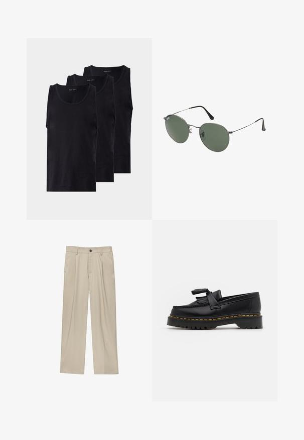 Fekete pamut ujjatlan trikók három darabos csomagban, kerek nyakkivágással, sima tapintással és klasszikus szabással.; Beige egyenes szárú nadrág, egy fekete gombbal, övhurkokkal és oldalzsebekkel. Sima szövettextúra és minimális design.; Fekete bőr mokaszin, rojtos díszítéssel, masszív fekete talppal és sárga varrással az élén. Texturált felület.; Fémkeretes napszemüveg ovális zöld lencsékkel. Vékony ezüst színű fémkeret és fekete fülrész. Minimalista dizájn, látható logók nélkül.