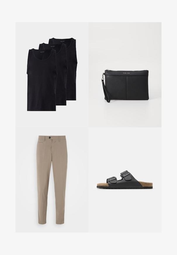 Sorte svarte bomullstanktopper i en pakke på tre, med rund halslinning og ermeløs design, glatt tekstur og klassisk passform.; Beige skreddersydde bukser med slim fit, glidelås og en frontlomme. Laget av et glatt stoff med et klart utseende.; Svart kile sandal med to justerbare spenner, teksturert fotseng og korklignende såle. Har et flatt, bredt design for komfort.; Svart syntetisk clutch med glidelås, håndleddsrem og en glatt tekstur. Har subtil søm og et logo preget på forsiden.