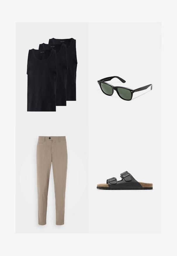 Sorte bomuld tanktoppe i en pakke med tre, med rund halsudskæring og ærmeløs design, glat tekstur og en klassisk pasform.; Beige skræddersyede bukser med slim fit, lynlås og en frontlomme. Lavet af et glat stof med et skarpt udseende.; Sort slidesandal med to justerbare spænder, struktureret sål og korklignende bund. Har et fladt, bredt design for komfort.; Sorte plastiksolkaber med grønne linser, firkantede stel, sølvaccent på brynene og teksturerede templede arme. Angivet mærke på den indre arm.
