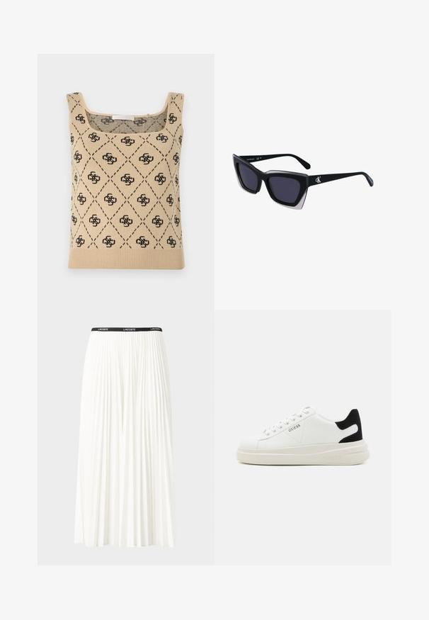 Top de bumbac tricotat bej, cu un model în diamant, având accente negre și un decolteu pătrat. Marginile ondulate adaugă textură.; Fustă plisată albă cu un brâu elastic negru, având logo-ul "LACOSTE". Design de lungime medie, cu textură moale.; Adidași din piele albă cu o talpă groasă albă, accent de călcâi din suede negru și logo embosat pe lateral. Design cu șireturi și șase orificii.; Ochelari de soare supradimensionați, negri, cu o formă geometrică, având lentile întunecate și un detaliu gri contrastant pe ramă. Logo pe braț.