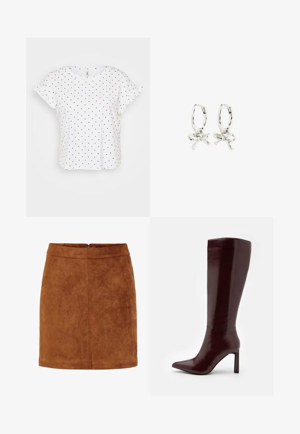 Valge lühikeste varrukatega t-särk mustade täppidega, millel on volangvarrukad ja lahtine lõige, valmistatud pehmest puuvillakangast.; Pruun sametist mini seelik sujuva tekstuuri, sirge lõike ja diskreetse tagumise lukuga. Omab õmblustekit, mis lisab struktuuri.; Even&Odd Saapad - dark red; Hõbedased rõngas kõrvarõngad, millel on lipsu kujundus, sile viimistlus ja läikiv tekstuur. Kompaktne, minimalistlik stiil, sobib erinevateks juhtudeks.