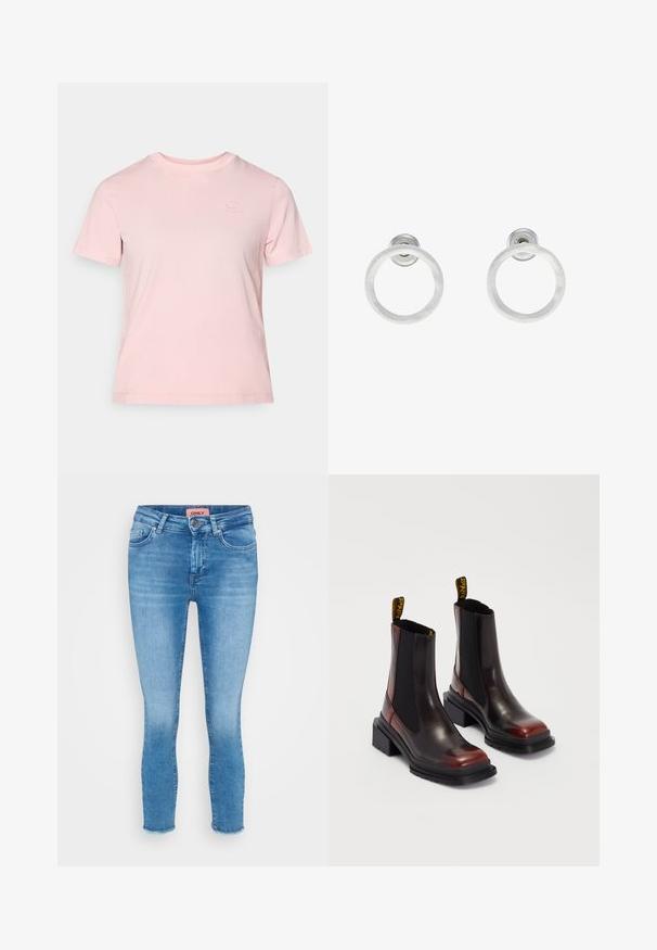 Růžové bavlněné tričko s krátkým rukávem, kulatým výstřihem a jemně vyšitým logem. Hladká textura a uvolněný střih.; Svetle modré skinny džíny z denimu s středně vysokým pasem, designem s pěti kapsami a roztrhaným lemem na kotnících. Značková etiketa viditelná na pase.; Dr. Martens MAYBOLE CHELSEA - Kotníkové boty na platformě - black/cherry red; Stříbrné kovové kruhové náušnice s broušenou texturní úpravou, s kulatým designem a průhledným záznamem pro bezpečné nošení.