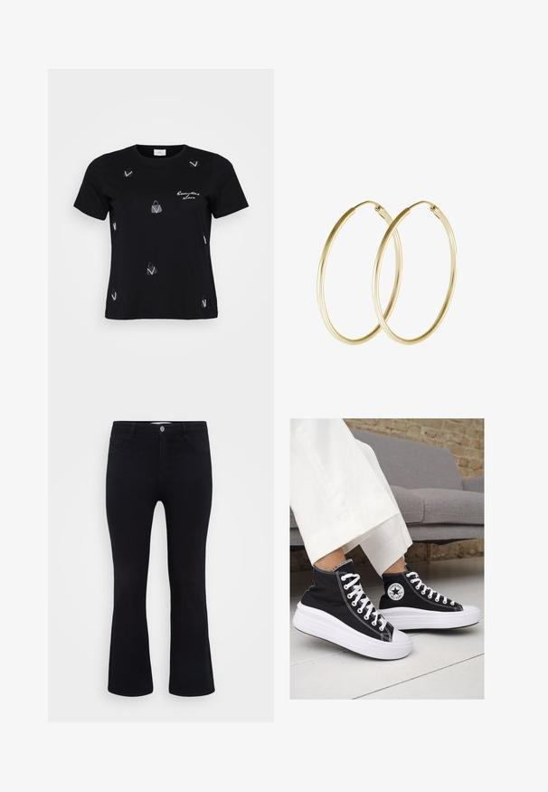 Črna bombažna majica s kratkimi rokavi, ki ima razporejene bele motive torbic in napis v pisanju, ki pravi "Nesporno Ljubezen."; ONLY Carmakoma CARTHUNDER PUSH UP - Kavbojke na trapez - black denim; Črne platnene visoke superge z belimi gumijastimi podplati in vezalkami. Imajo krožni logotip na strani in kontrastno bele šive.; Zlate obročaste uhane z gladkim, zaobljenim dizajnom in sijočo končno obdelavo. Lahka konstrukcija z varnim zapiranjem.