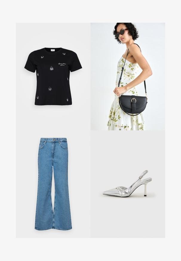 Melns kokvilnas T-krekls ar īsām piedurknēm, ziedēts ar izkliedētām baltām somu motīvām un skriptu "Īstais Mīlestība".; Gaiši zili, platā piegriezuma džinsi, kas izgatavoti no denima, ar augstu jostasvietu, piecām kabatām un vienu pogu. Mīksta tekstūra ar nolietotu apdari.; Sudraba slingback augstpapēžu kurpe ar norādītu purngalu, metālisku apdari, diviem dekoratīviem siksniņām un plānu papēdi ar melnu galu.; Melnas ādas rokassoma ar izliekta formu, noņemamu siksnu un zelta aksesuāriem. Somai ir vāciņš ar sprādzes detaļu.