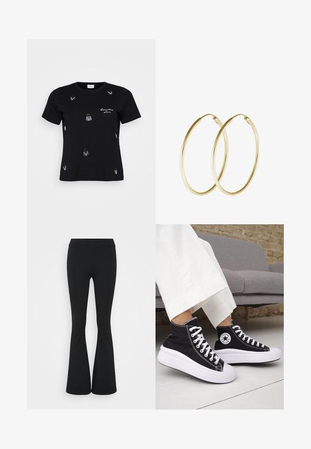 Mustmust riie, lühikeste varrukatega must puuvillane t-särk, millel on hajutatud valged käekotimotiivid ja skripti kujundus, mis ütleb "Oluline Armastus."; Mustad flared püksid venivast kangast, kõrge vöökoht ja sile tekstuur. Püksid laienevad põlve kohalt.; Mustad kõrge säärega tossud valgete kummist tallade ja paeltega. Omad ümmargust logomärki ja kontrastset valget õmblust. Materjaliks lõuend.; Kuldne rõngaskõrvarõngad, millel on sujuv ja ümar disain, ning läikiv viimistlus. Kerge konstruktsioon koos kindla klambriga.