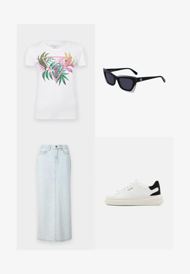 Camiseta de algodón blanca con un gráfico colorido que presenta un diseño triangular rosa, hojas verdes y acentos rosas. Manga corta y cuello redondo.; Falda maxi de mezclilla azul claro con diseño recto, cierre de botones en la parte frontal y costuras visibles. Cuenta con dos bolsillos frontales.; Zapatillas blancas de cuero con una suela blanca gruesa, acento en el talón de ante negro y logo grabado en el lateral. Diseño de cordones con seis ojales.; Gafas de sol negras de gran tamaño con una forma geométrica, que presentan lentes oscuros y un detalle gris contrastante en la montura. Logo en la pata.