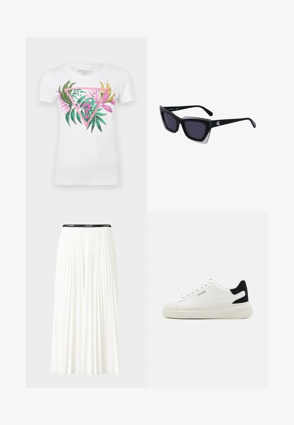 Hvid bomulds t-shirt med et farverigt grafik med et pink trekantet design, grønne blade og pink accenter. Korte ærmer og rund hals.; Plisseret hvid nederdel med en sort elastisk talje, der har "LACOSTE"-logoet. Mellemlang design med blød tekstur.; Hvide lædersneakers med en tyk hvid sål, sort ruskindhælvægt og prægede logoer på siden. Snørebåndsdesign med seks øjer.; Store sorte oversized solbriller med geometrisk form, med mørke linser og en kontrasterende grå detalje på stellet. Logo på armen.
