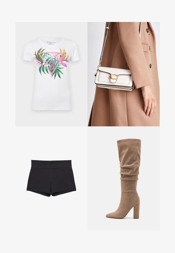 Weißes Baumwoll-T-Shirt mit einem bunten Grafikdesign, das ein pinkfarbenes Dreiecksmuster, grüne Blätter und pinke Akzente zeigt. Mit kurzen Ärmeln und rundem Ausschnitt.; Schwarze, enganliegende Shorts mit einem breiten Taillenbund, aus einem weichen, elastischen Stoff. Die Saumkanten sind glatt ohne sichtbare Verschlüsse oder Muster.; Anna Field Stiefel - beige; Weiße Leder-Crossbody-Tasche mit einem goldenen Verschluss, zeichnet sich durch ein strukturiertes Design, kontrastierende Kanten und einen dünnen verstellbaren Trageriemen aus.