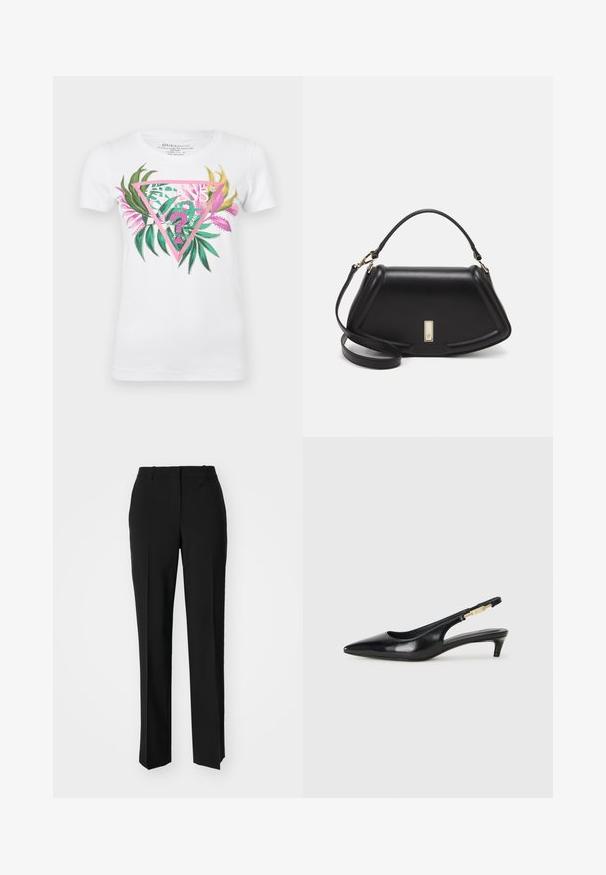 White cotton t-shirt featuring a colorful graphic with a pink triangular design, green leaves, and pink accents. Short sleeves and crew neck.; Black tailored trousers with a straight-leg design, featuring a smooth texture and crisp creases along the front. No visible hardware.; Black leather slingback heels with a pointed toe, featuring a slim heel and a gold-tone accent on the adjustable strap. Smooth texture.; Black leather handbag with a structured design, featuring a cropped shape, top handle, and gold hardware accent. Adjustable shoulder strap included.