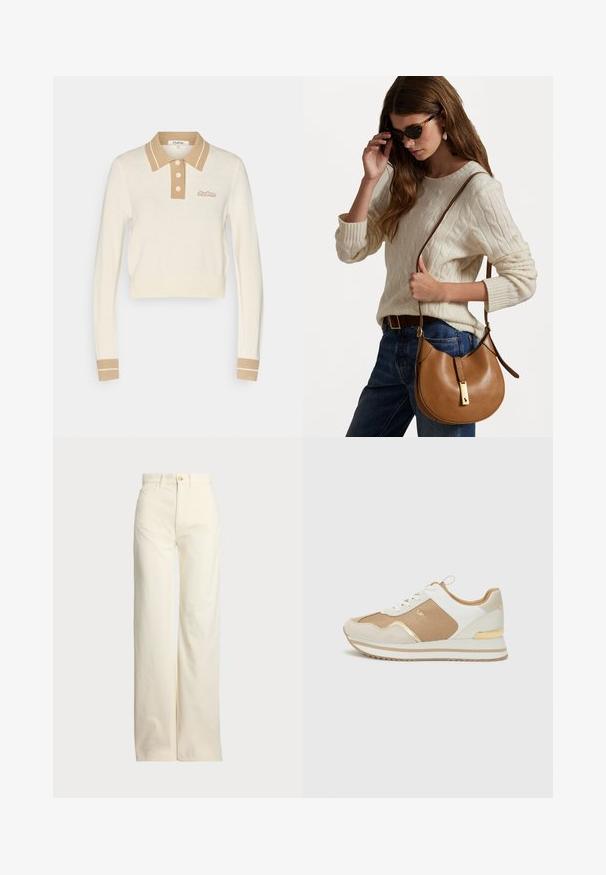 Krótki kremowy sweter polo z długim rękawem, beżowym kołnierzem, plisą na guziki, mankietami oraz małym haftowanym logo na piersi.; Polo Ralph Lauren - Spodnie materiałowe; Białe i beżowe trampki z złotymi akcentami, teksturowana tkanina i gładka skóra. Posiadają grubą podeszwę i sznurowany fason.; Brązowa skórzana torba na ramię o zaokrąglonym kształcie z złotymi detalami. Modelka ma na sobie kremowy sweter w warkocze i niebieskie dżinsy.