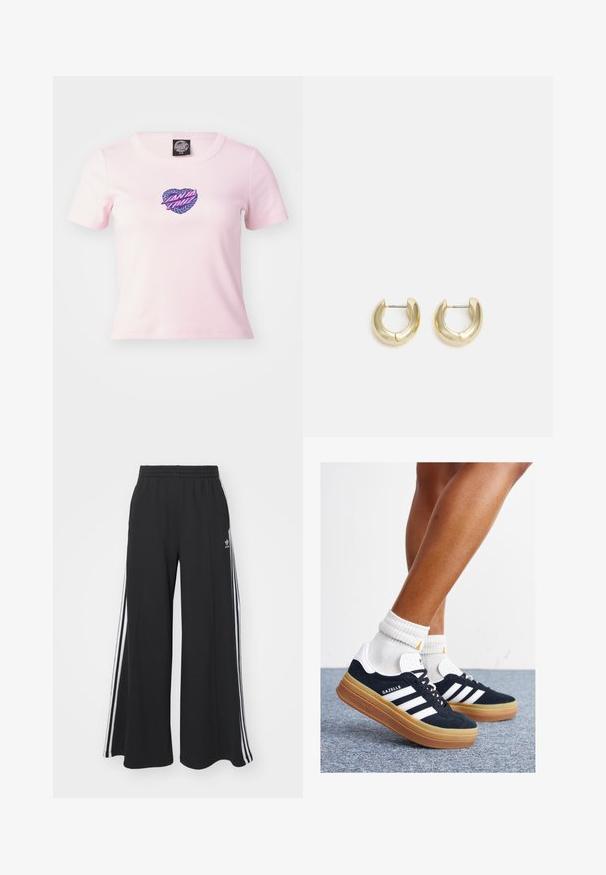 Santa Cruz HEART WREATH MINI FRONT - Marškinėliai su spaudiniu - rose quartz; Juodos plačios kojų džinsinės kelnės su elastingu juosmeniu, turinčios baltas šonines juosteles ir išsiuvinėtą logotipą kairiajame šlaunyje.; Juodi zomšiniai sportbačiai su baltais dryžiais ir akcentais, apvalios nosies, guminio, gumos pado, derinami su baltais raitytais vidutinio ilgio kojinaitėmis.; Auksinės tonacijos auskarai-žiedai su lygiu, poliruotu paviršiumi. Yra pusmėnulio forma ir patikimas užsegimas.