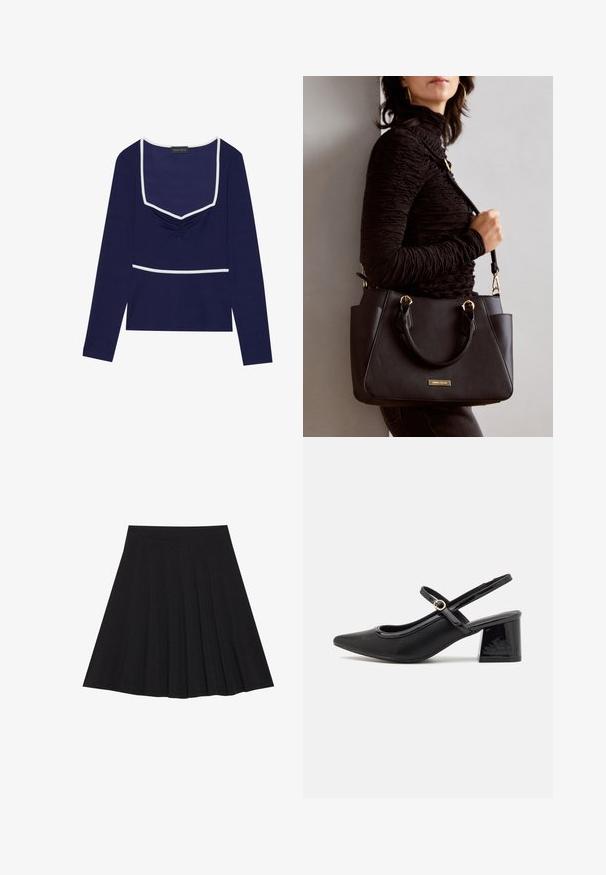 Blusa de manga longa azul marinho com decote quadrado, centro franzido e acabamento branco ao longo do decote e da cintura; feita de tecido elástico.; Saia preta plissada feita de tecido texturizado com uma faixa na cintura ajustada. Cai até ao joelho, apresentando uma silhueta suave e limpa.; Sabrinas de cerâmica preta com salto bloco, bico apontado e um design com recortes arredondados. Apresenta um detalhe em fivela de tom dourado.; Bolsa preta com superfície texturizada, alças superiores duplas e alça de ombro ajustável. Apresenta ferragens em tom dourado e bolsos laterais.