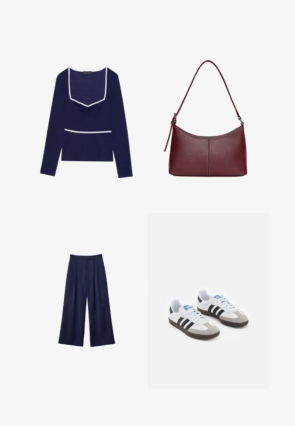 Langärmliges dunkelblaues Oberteil mit quadratischem Ausschnitt, gerafftem Vorderteil und weißen Besätzen entlang des Hals- und Taillenbereichs; aus dehnbarem Stoff gefertigt.; Marineblaue weite Hosen mit Falten, Knopfverschluss und Gürtelschlaufen, flach auf einem weißen Hintergrund präsentiert.; Sportschuhe mit einem Obermaterial aus weißem Leder, grauer Wildleder-Zehenkappe und drei schwarzen Streifen. Sie verfügen über ein blaues Logo auf der Zunge und eine strukturierte Gummisohle.; Bordeauxfarbene Ledertasche mit geschwungener Form, einem einzigen Schulterriemen und gesteppten Details in der Mitte. Glatte Textur, minimales Zubehör.