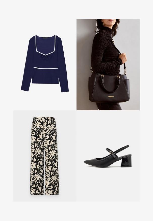 Navy lange mouw top met een vierkante halslijn, geplooid middenstuk en witte rand langs de hals en taille; gemaakt van rekbare stof.; Zwarte wijde broek met een crèmekleurig bloemenpatroon. Gemaakt van lichtgewicht stof, met een zachte textuur en een hoge tailleband.; Zwarte gepolijste leren slingback hakken met een spitse neus, een ronde uitsnede en een blokhak. Voorzien van een gouden gespaccent.; Zwarte handtas met gestructureerd oppervlak, dubbele bovenhandvatten en verstelbare schouderriem. Voorzien van goudkleurige hardware en zijzakken.