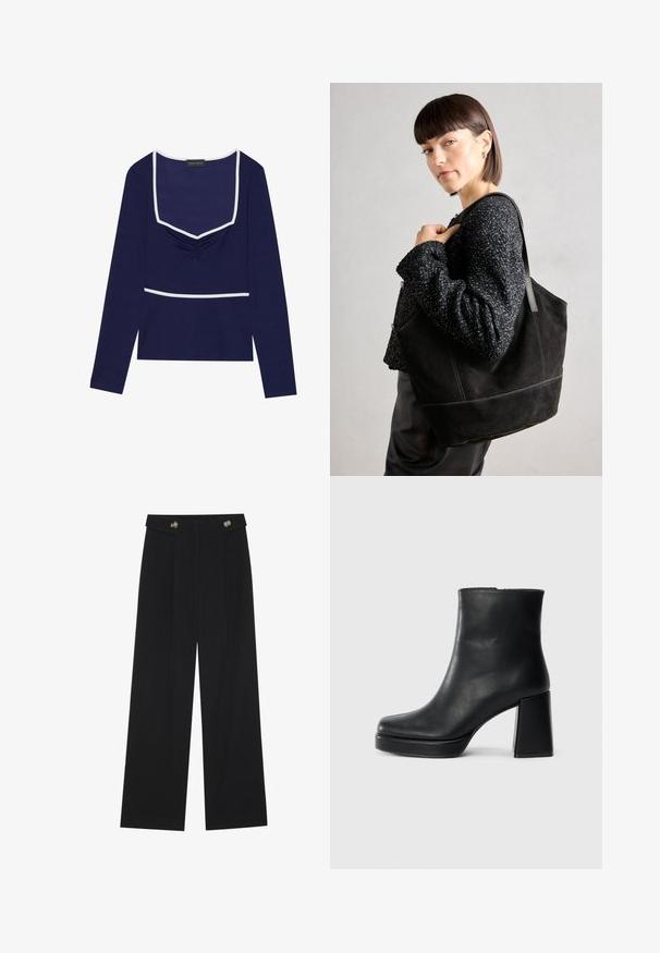 Pikad varrukad tumesinine särk ruudukujulise dekolteega, kokku gathered keskosa ning valge äärisega kaelas ja vööl; valmistatud venivast kangast.; Mustad laiad püksid kõrge vöökoha ja nööpdetailidega vööandil, esikortsudega.; Must musta ankle boot, milleplokk-konts ja platvormi tallaga, vaadatud küljelt ühetoonilise valge tausta peal.; Must mustriga mustekott, millel on sile tekstuur, struktureeritud kuju ja kontrastsed õmblused. Omab pikki rihmasid õlavarre kandmiseks.