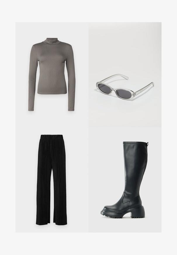 Szürke bordázott, hosszú ujjú garbó, ellaposított kialakítással és puha textúrával. Magas nyakkivágással és karcsú fazonnal rendelkezik.; Fekete pliszírozott nadrág gumis derekkal. Széles lábakkal rendelkezik, sima, texturált anyagból készült, függőleges csíkokkal.; Magas fekete bőrcipő, vastag platform talppal és blokk sarokkal, húzófüllel és texturált profillal az outsole-on.; Ovális formájú napszemüveg, átlátszó műanyag keret, sötétszürke lencsék és vékony, átlátszó szárak, logóakkcentussal és minimális díszítéssel.; Fekete bőrtáska sima felszínnel, téglalap alakú, két hosszú füllel. Nincs látható fémkiegészítő vagy díszítés.