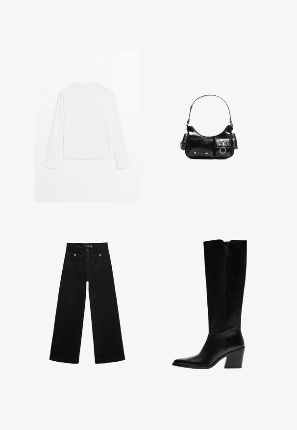 Maglietta bianca a maniche lunghe, con scollo rotondo, vista da dietro, posata piatta su uno sfondo bianco.; Jeans neri a gamba larga con vita alta, dotati di due tasche frontali e dettagli in metallo sui bottoni. Il tessuto ha una texture liscia.; Stivali neri al ginocchio in pelle liscia, con punta appuntita, tacco a blocco e un'apertura a forma di V nella parte superiore.; Borsa a spalla in vernice nera con forma curvata, una tracolla, tasche frontali e dettagli in metallo argentato.
