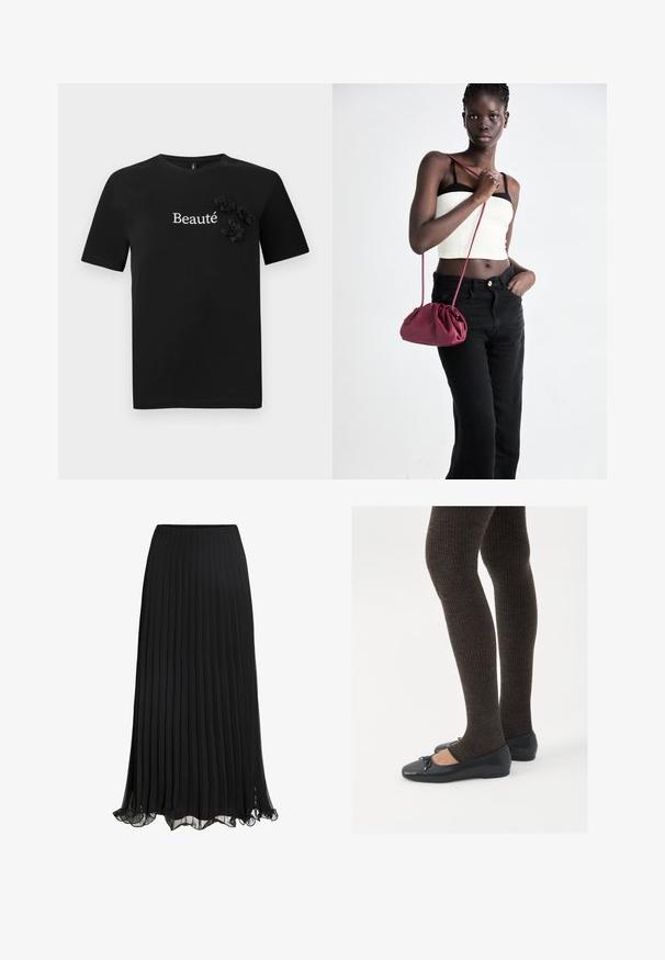 Czarny bawełniany t-shirt z krótkim rękawem, okrągłym dekoltem i białym napisem "Beauté", ozdobiony trzema materiałowymi kwiatowymi akcentami.; Biała koszulka z krótkim rękawem i dekoltem w kształcie litery V, zdobiona delikatną koronką na dekolcie i brzegach rękawów, wykonana z lekkiego materiału.; Czarna plisowana spódnica maxi wykonana z lekkiego materiału o zwiewnym fasonie. Posiada falbaniasty dół i elastyczny pas dla komfortu.; Czarne płaskie buty z małym kokardkowym detalem na palcach, zestawione z ciemnobrązowymi rajstopami w prążki. Buty mają gładką teksturę i niski profil.; Burgundowa torba na ramię z miękkiego materiału, z marszczonym wzorem i długim paskiem, noszona na krzyż. Modelka nosi białą bluzkę crop top i czarne dżinsy.