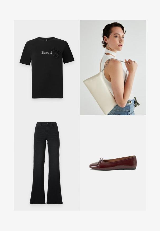 Black cotton t-shirt featuring short sleeves, a crew neck, and the word "Beauté" in white, adorned with three fabric flower accents.; Black high-waist flared jeans with front pockets, belt loops, and button closure against a white background.; Burgundy patent leather ballet flat with a rounded toe, small bow accent at the front, and a low, black rubber sole. Smooth texture.; White rectangular clutch bag made of glossy material, featuring a silver chain strap. Model poses, showcasing the bag against a plain background.