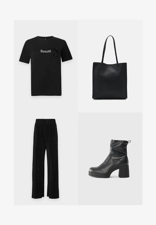 Tricou din bumbac negru, cu mâneci scurte, gât rotund și cuvântul "Beauté" scris în alb, împodobit cu trei flori din material.; Pantaloni negri plisati cu talie elastică. Prezintă picioare largi și un material neted, texturat, cu dungi verticale.; Bocanci negri de glezna din piele netedă, cu fermoar lateral, toc texturat și masiv, și design cu vârf rotund.; Geantă tote neagră din piele, cu textură netedă, formă rectangulară și două mânere lungi. Fără hardware vizibil sau ornamente.