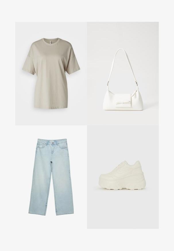 Beige tričko vyrobené z měkké bavlny, s kulatým výstřihem, krátkými rukávy a volným střihem se rovnými okraji.; Světlé modré široké džínové kalhoty s vysokým pasem, pěti kapsami a jemným vyblednutím. Rovný střih s lemem.; Bílé platformové tenisky s hladkým svrškem podobným kůži, zaobleným tvarem, polstrovaným límcem a texturovanou gumovou podrážkou s vyznačenými vzory.; Bílá syntetická kabelka v trojúhelníkovém tvaru, s plochým předním klopným víkem a detailem mašle, nastavitelným popruhem, hladkým povrchem a minimalistickým designem.