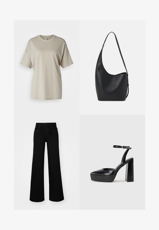 Beige t-paita, joka on valmistettu pehmeästä puuvillasta. Siinä on pyöreä kaula-aukko, lyhyet hihat ja rento istuvuus suoran helmansa kanssa.; Musta leveälahkeinen farkkupanta, jossa on rakenteellinen vyötärö, vyölenkit ja etutaskut. Sujuva rakenne klassisella muotoilulla.; Mustat korkeat platform-kengät, joissa on terävä kärki ja säädettävä nilkkaremmi. Valmistettu sileästä nahasta ja varustettu paksulla lohkokorkeudella.; Musta nahkainen hobo-laukku, jossa on sileä pinta, kaareva muoto ja yksi säädettävä olkahihna; sisäänkäynti on leveä ylhäältä.