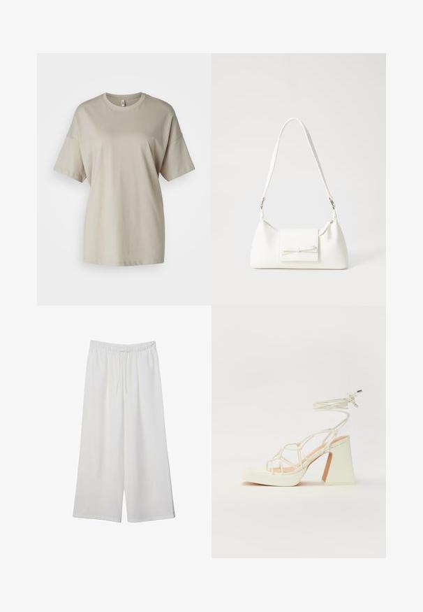 Béžové tričko vyrobené z mäkkého bavlneného materiálu, s okrúhlym výstrihom, krátkymi rukávmi a voľným strihom so rovnými okrajmi.; Biele široké nohavice z ľahkého materiálu s elastickým pásom a šnúrkou na nastavenie veľkosti. Hladká textúra.; Biele sandále na vysokom opätku s hrubým podpätkom, s pruhovaným dizajnom a viazaním na členku. Hladký povrch s platformou vpredu pre zvýšenú výšku.; Biela syntetická kabelka s trojuholníkovým tvarom, plochým predným klapkou a detailom mašle, nastaviteľným popruhom, hladkou textúrou a minimalistickým dizajnom.