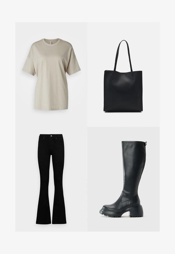 Beige t-shirt made of soft cotton, featuring a round neckline, short sleeves, and a relaxed fit with a straight hem.; Black high-waist jeans with a button and zip closure, front pockets, and flared legs laid flat on a white background.; Tall black leather boot with chunky platform sole and block heel, featuring pull tab and textured tread on outsole.; Black leather tote bag with smooth texture, rectangular shape, and two long handles. No visible hardware or embellishments.