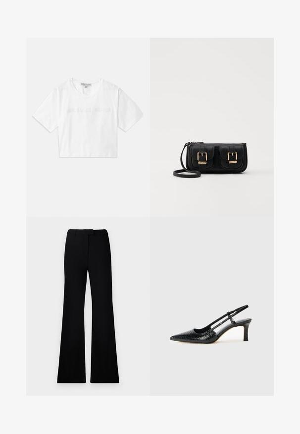 White cropped T-shirt made of cotton, featuring short sleeves and "MICHAEL KORS" logo in matching embroidered text across the front.; Black flared pants featuring a smooth texture, tailored waistband, and front pockets, designed with a sleek, modern silhouette.; Black patent slingback heel with a pointed toe, featuring textured snake print, adjustable strap, and a short, textured block heel.; Black leather crossbody bag with two front pockets, gold buckles, zipper closure, and a slim strap. Textured surface and compact rectangular shape.