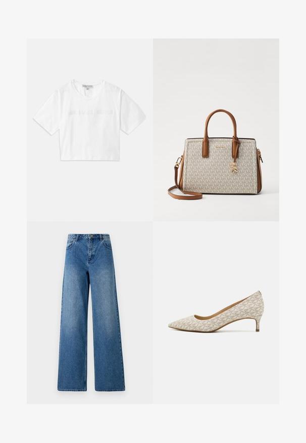 Valkoinen lyhytcropattu T-paita, joka on valmistettu puuvillasta. Sen hihoissa on lyhyet hihat ja edessä on "MICHAEL KORS" -logo samanvärisesti brodeeratuna.; Levikset leveällä lahkeella sinisestä denimistä. Ominaisuuksiin kuuluu korkea vyötärö, viisi taskua ja etunappi. Suora pinta, jossa on kevyt haalistuminen.; Beige-kankaan suippokärkinen korkokenkä, jossa on geometrinen kuvio, matala korko ja tyylikäs siluetti. Sujuva rakenne ja vähäiset koristeet.; Vaalean beige -laukku ruskeilla nahkaosuuksilla, jossa on logo-kuvio, ylälaput, irrotettava olkahihna ja kultasävyinen varusteet.; Kultaiset renkaat korvakorut kiiltävällä pinnalla, joissa on paksu, pyöreä muotoilu ja turvallinen sulkemismekanismi. Sujuva rakenne ja kiiltävä ulkonäkö.