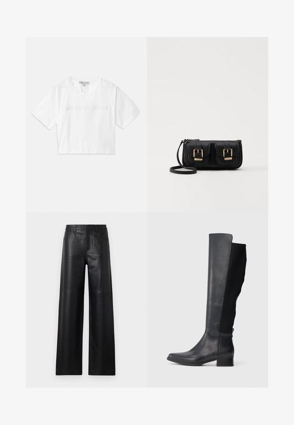 Camiseta corta blanca de algodón, con mangas cortas y el logotipo "MICHAEL KORS" bordado en texto a juego en el pecho.; Pantalones de cuero negro de pierna ancha con una textura suave, que cuentan con bolsillos frontales, cierre de botón y sutiles detalles de costura.; Bota alta de cuero negro y tela con tacón bajo y punta redondeada, mostrada en perfil lateral sobre fondo blanco.; Bolso cruzado de cuero negro con dos bolsillos frontales, hebillas doradas, cierre de cremallera y una correa delgada. Superficie texturizada y forma rectangular compacta.