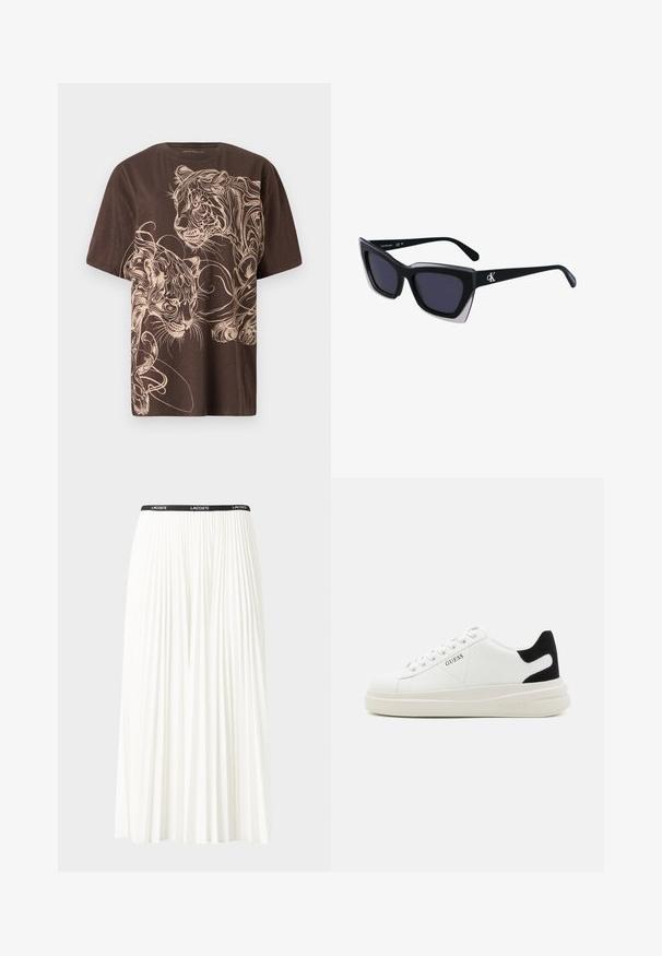 T-shirt marron avec un design graphique détaillé d'un tigre crème. Manches courtes, col rond et tissu doux et texturé.; Jupe plissée blanche avec une taille élastique noire portant le logo "LACOSTE". Design mi-long avec une texture douce.; Baskets en cuir blanc avec une épaisse semelle blanche, un accent en daim noir au niveau du talon et un logo embossé sur le côté. Design à lacets avec six œillets.; Lunettes de soleil noires surdimensionnées avec une forme géométrique, dotées de verres foncés et d'un détail gris contrastant sur la monture. Logo sur la branche.