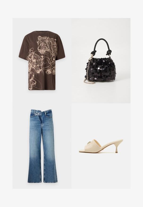 Brązowy t-shirt z szczegółowym graficznym wzorem kremowego tygrysa. Krótkie rękawy, okrągły dekolt i miękka, teksturowana tkanina.; Jasnoniebieskie dżinsy o fasonie dzwonów z wysokim stanem, z dwiema guzikami i kieszeniami z przodu. Materiał ma wyblakłą fakturę z subtelnymi odcieniami.; Beżowe, lakierowane sandały mule z odkrytymi palcami i niskim, stiletto obcasem. Posiadają centralny dekoracyjny akcent na cholewce. Gładkie, błyszczące wykończenie.; Czarna mini torebka z cekinami, z węzłowym, teksturowanym paskiem i srebrnym łańcuchem. O zaokrąglonym kształcie z marszczoną górą i refleksyjnymi detalami.