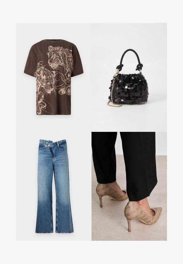 Braunes T-Shirt mit einem detaillierten, cremefarbenen Tiger-Print. Kurzärmlig, runder Hals und weicher, strukturierter Stoff.; Helle, blaue Jeans mit weit ausgestellt Bein und hoher Taille, ausgestattet mit zwei Knöpfen und vorderen Taschen. Der Stoff hat eine ausgewaschene Textur mit subtilen Variationen.; Beige High Heels aus strukturiertem Stoff mit einem sich wiederholenden Muster. Spitz zulaufendes Design mit einer Rückenausschnitt und goldenen Absatz.; Schwarze Pailletten-Mini-Handtasche mit einem geknoteten, strukturierten Tragegurt und einer silbernen Kette. Abgerundete Form mit gerafftem oberen Teil und reflektierenden Details.
