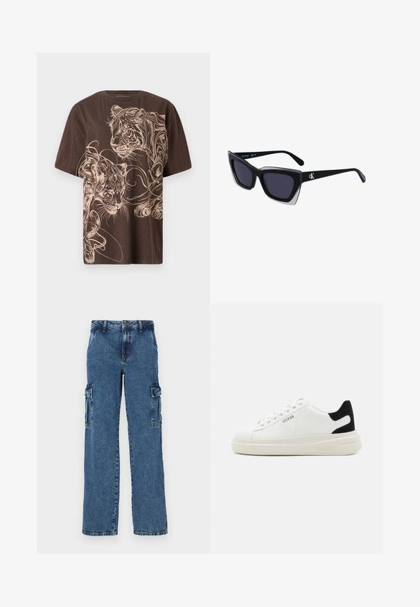 Camiseta marrón con un detallado diseño gráfico de un tigre color crema. Manga corta, cuello redondo y tejido suave y texturizado.; Pantalones cargo de denim azul con un ajuste relajado, que cuentan con dos bolsillos laterales, costuras reforzadas y un diseño de pierna recta.; Zapatillas blancas de cuero con una suela blanca gruesa, acento en el talón de ante negro y logo grabado en el lateral. Diseño de cordones con seis ojales.; Gafas de sol negras de gran tamaño con una forma geométrica, que presentan lentes oscuros y un detalle gris contrastante en la montura. Logo en la pata.