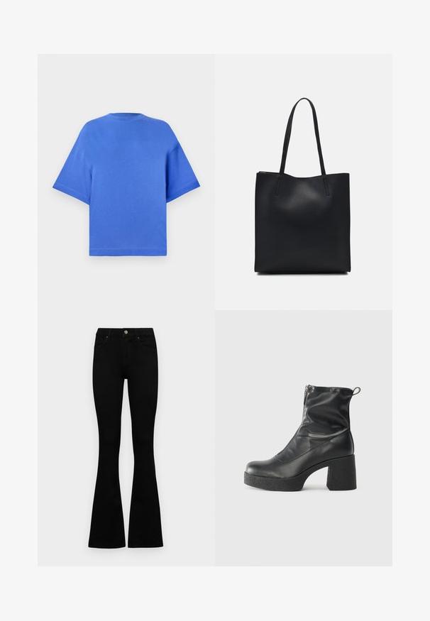Trumpas rankovėmis, laisvas T-shirt šviesiai mėlynos spalvos, pagamintas iš medvilnės, su apvalia iškirpte ir paprastu, be siūlių dizainu su švariais kraštais.; Juodos aukšto liemens džinsai su mygtuku ir užtrauktuku, priekinėmis kišenėmis ir platėjančiomis kojomis, išdėstyti ant baltos fono.; Juodos kulkšninių botai, pagaminti iš lygaus odos, su šoniniu užtrauktuku, masyviu tekstūruotu kulnu ir apvaliu pirštu.; Juodas odinis tote krepšys su lygia tekstūra, stačiakampio formos ir dviem ilgais rankenomis. Matomų metalinių detalių ar puošybos nėra.