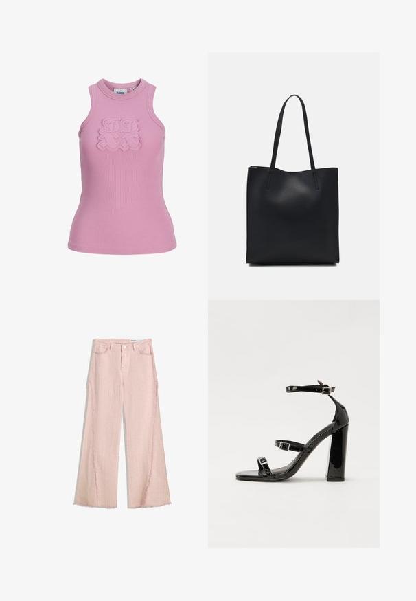 Hladká bezramienková blúzka v svetloružovej farbe s okrúhlym výstrihom. Obsahuje textúrované logo vpredu. Materiál: mäkký a elastický.; Svetloružové široké džínsy s textúrovaným povrchom, strapcovým lemom a dizajnom s piatimi vreckami. Obsahuje zapínanie na gombík a pútka na opasok.; Čierne lakované sandále na podpätku so štvorcovou špičkou, navlečenými remienkami okolo členku a striebornými prackami. Disponujú masívnym blokovým podpätkom pre stabilitu.; Čierna kožená taška na rameno s hladkým povrchom, obdĺžnikovým tvarom a dvoma dlhými uchami. Bez viditeľného kovania alebo ozdôb.
