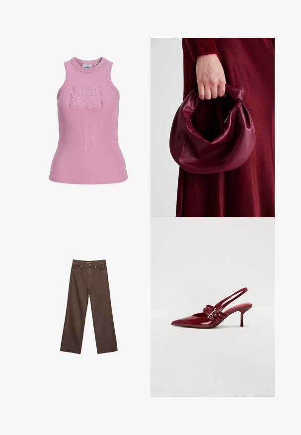 Rippentop ohne Ärmel in Hellrosa mit rundem Ausschnitt. Verfügt über ein strukturiertes Logo-Detail an der Vorderseite. Stoff: weich und dehnbar.; Weite braune Jeans aus Denim, mit hoher Taille, Fronttaschen und klassischem Knopfverschluss. Glatte Textur mit feinen Nähten.; Rote Lackleder Slingback-Absätze mit spitzem Zeh, zwei Schnallenriemen und einem schlanken, mittelhohen Stiletto-Absatz. Glatte Textur.; Burgunderleder-Handtasche mit einem weichen, gerafften Design und einer gerundeten Form. Der Griff ist gesichert und zeigt eine glatte Textur.