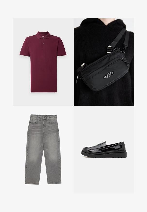 Bordeaux kortermet polo skjorte laget av bomull, med klassisk krage, to knappelukkinger og ribbestrikkede mansjetter. Glatt tekstur.; Grå høytaljede jeans med rett ben-design, med falmede detaljer, fem-lomme-stil og metallknapp-lukking.; Sorte lakkskinn loafers med rund tå, en dekorativ stropp og en tykk svart gummisåle. Glatt, skinnende tekstur med minimal søm.; Svart nylon crossover-veske med justerbar stropp, med en jevn tekstur, en frontlomme med glidelås, og en logo-detalj.