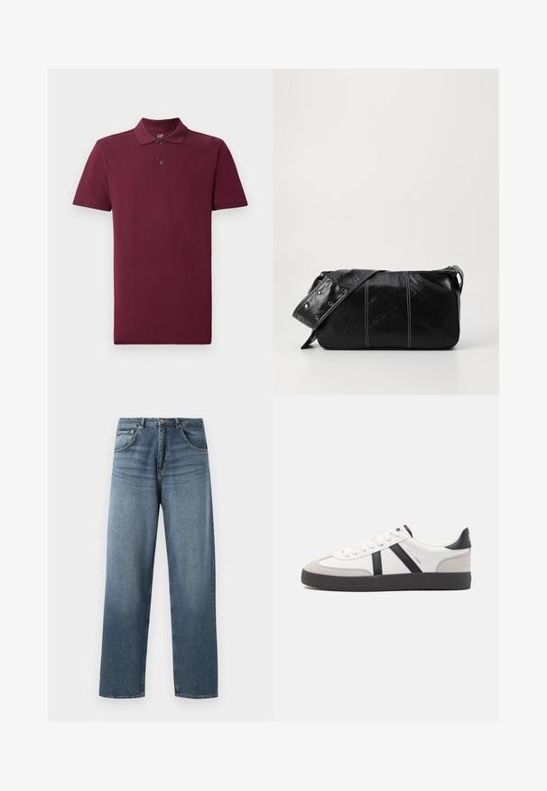 Bordeaux kortærmet polo skjorte lavet af bomuld, med klassisk krave, to-knaps lukning og ribbede manchetter. Glat tekstur.; Lige ben blå denim jeans med en falmet vask, der har fem lommers design, metallisk knap og bæltestropper. Struktureret, medium vægt stof.; Hvide sneakers med sorte og grå detaljer, med en tekstureret grå tåhætte, sort gummisål og flade hvide snørebånd. Rent design, minimalistisk stil.; Sort læder skuldertaske med lynlås, der har en tekstureret overflade, hvid syning og en rem med sølvøskner.