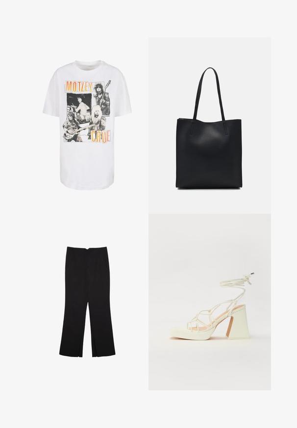 Weißes Baumwoll-T-Shirt mit einem vintage schwarz-weißen Design, das vier Musiker zeigt, und orangefarbener Schrift mit "MÖTLEY CRÜE." Lockere Passform.; Schwarze Hose mit geradem Schnitt, ausgestattet mit Fronttaschen und Seitenschlitzen am Saum. Hergestellt aus weichem, glattem Stoff. Geeignet für verschiedene Anlässe.; Weiße High-Heel-Sandale mit einem klobigen Absatz, die über ein Riemchendesign und ein Knöchelband verfügt. Glatte Textur mit einer Plattform vorne für zusätzliche Höhe.; Schwarze Laptoptasche aus Leder mit glatter Textur, rechteckiger Form und zwei langen Griffen. Keine sichtbaren Beschläge oder Verzierungen.